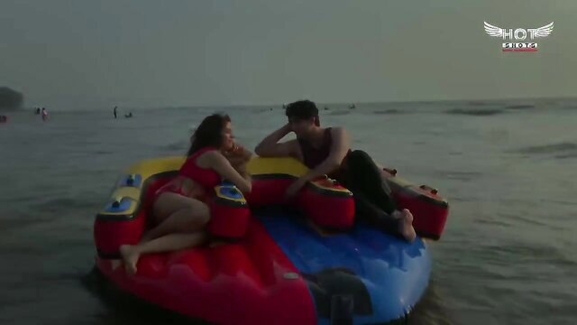 Busty Indian wife honeymoon couple on yellow floatie beach homemade porn