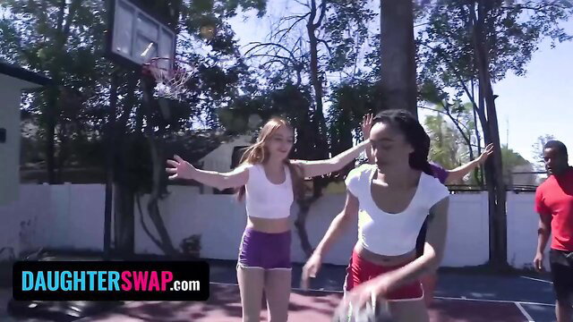Slutty stepdaughters in sporty outfits play basketball before foursome orgy