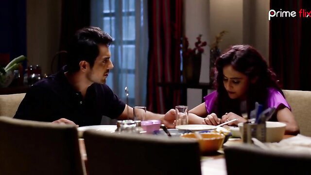 Indian couple at dinner table in sexy purple dress, hot desi foreplay