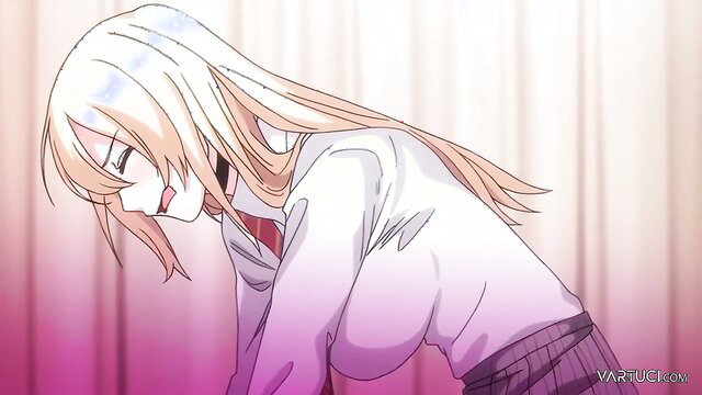 Blonde anime schoolgirl with huge tits in seductive shirt skirt pose