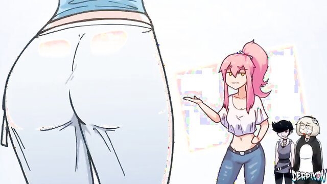 Derpixon hentai party game with huge white ass, pink-haired girl pointing