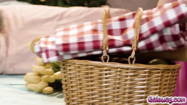 Victoria touches Lilly lovingly, picnic basket lesbian tease