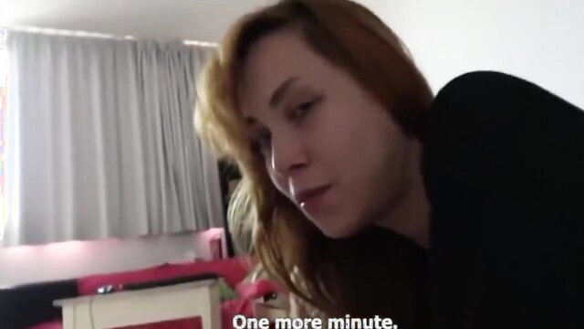 Amateur redhead MILF with huge boobs says 'one more minute' in bedroom