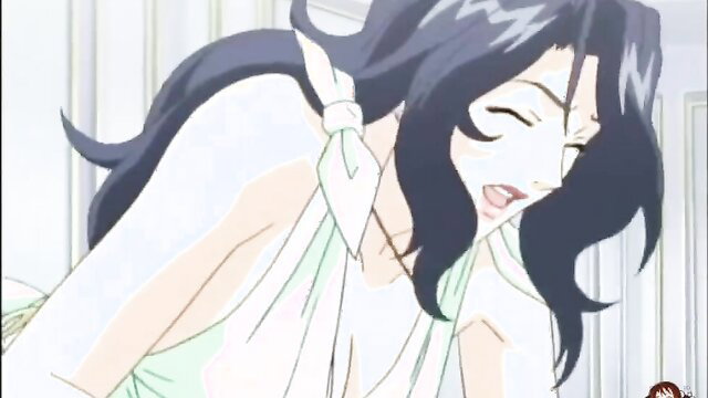 Busty black-haired hentai MILF in sheer dress smiling seductively