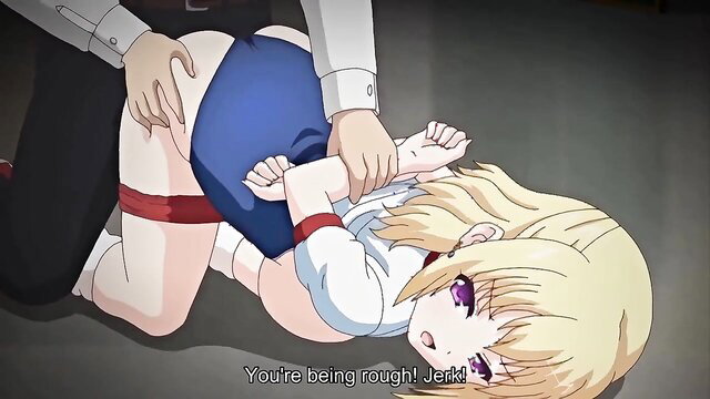 Blonde anime girl in skirt and stockings roughly manhandled by man in suit, JAV hentai