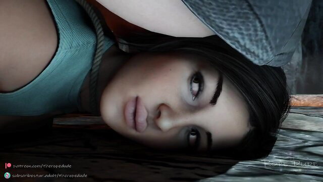 Lara Croft captured, bound with ropes, sexy teal tank top closeup