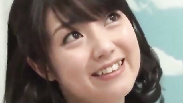 Smiling Japanese JAV girl with bangs in magic mirror, cute face closeup