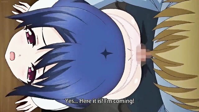 Blue-haired hentai cutie seduced, pussy rubbed and drilled POV