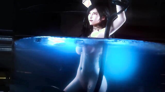 Nude Asian babe with huge tits trapped in tank, hand on slimy rod