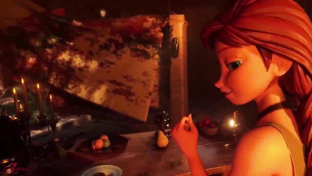 3D Anna redhead in tank top eating fruit solo tease