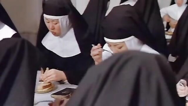 Vintage nuns eating at table in classic porn scene