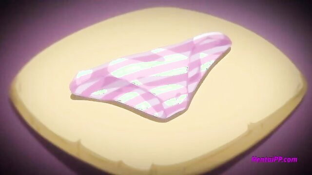 Anime girl pink striped panties on bed, hentai tease
