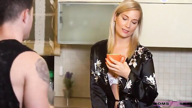 Sharon White in silk robe, hot stepmom kitchen tease