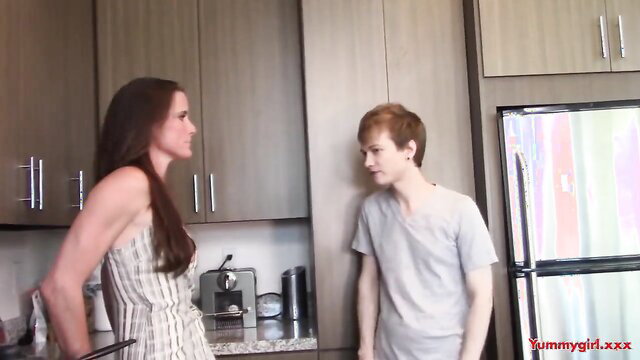 Sofie Marie confronts hot redhead teen stepson in kitchen dress