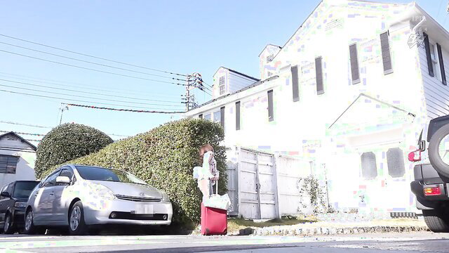 Japanese MILF with suitcase outside house in sunny JAV scene