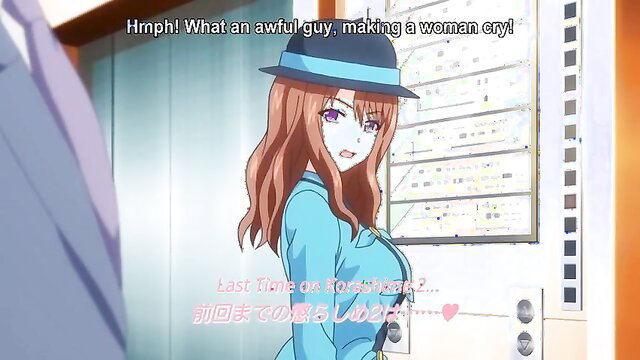 Anime hentai girl with huge tits in tight blue dress smirks at crying woman