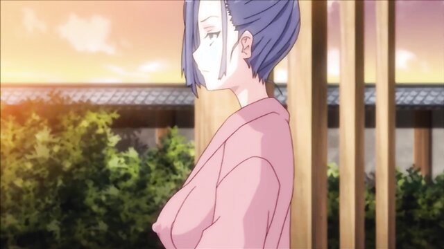 Anime JAV MILF with huge tits in pink kimono at sunset