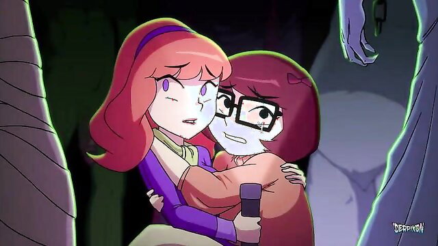 Velma hugging scared Daphne in spooky Scooby-Doo hentai scene
