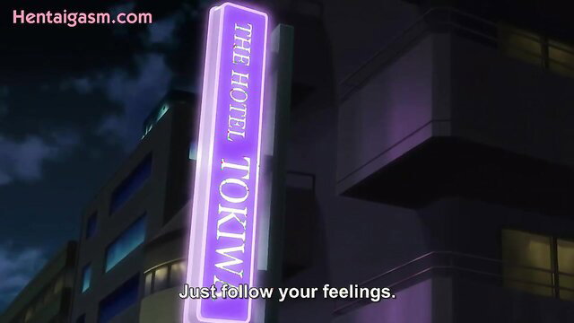 Neon-lit Tokyo hotel sign glows at night in hentai anime scene