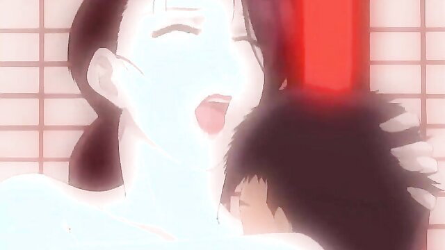 Anime JAV busty milf with ponytail deepthroats boy in bath sex scene