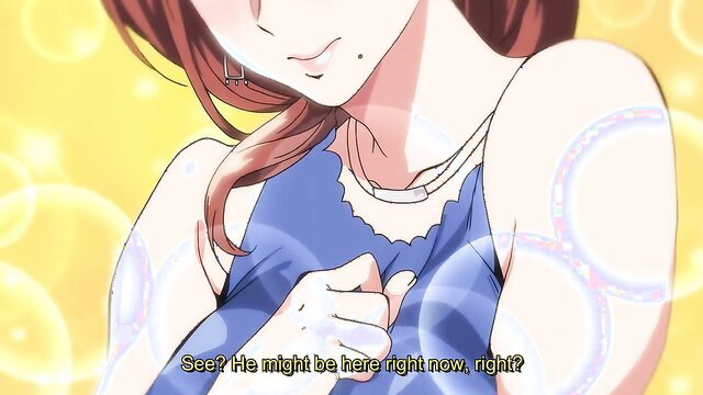 Cute Japanese anime girl in tight blue dress teases with cleavage closeup