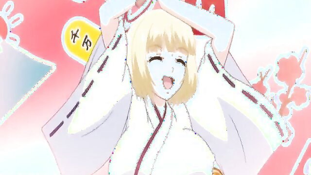 Blonde JAV girl in white miko outfit smiling happily, big tits tease