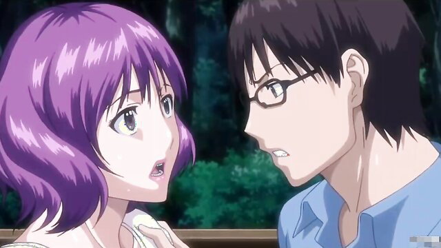Purple-haired hentai girl begs glasses guy in cheating ass-fuck apology