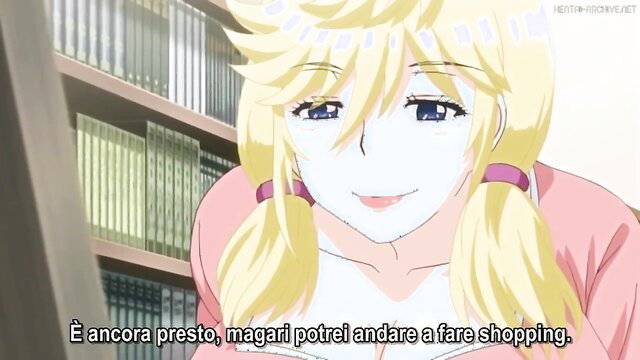 Blonde anime girl with pigtails smiling in library, big tits