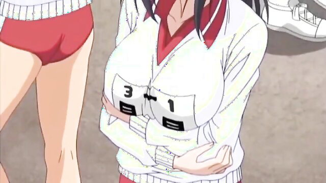 Busty anime girl in tight track uniform with huge tits numbered 3 and 1