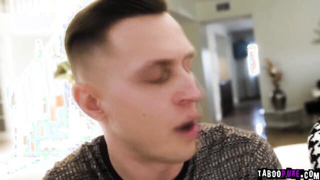 Married man closeup face reacting as wife and stepmom watch threesome