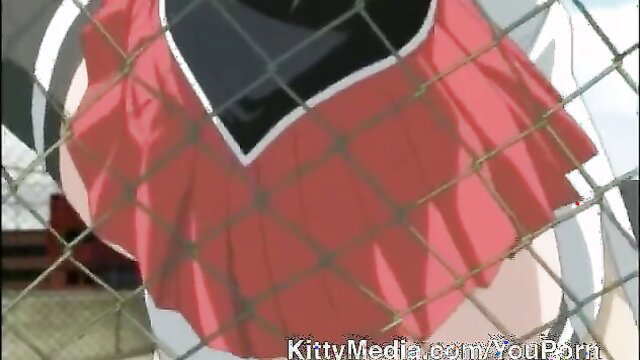 Anime slut in red skirt & white top tormented outdoors at fence