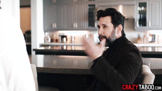 Sophia Burns chats with nasty old dude before tight ass drilling