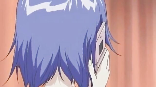 Blue-haired anime babe on phone, busty hentai girl teasing call