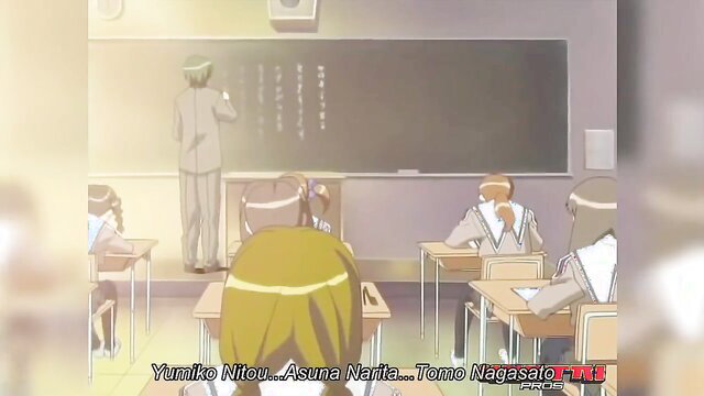Blonde anime schoolgirl Yumiko Nii, Asuna Nanto, Tomo Nagasato in classroom