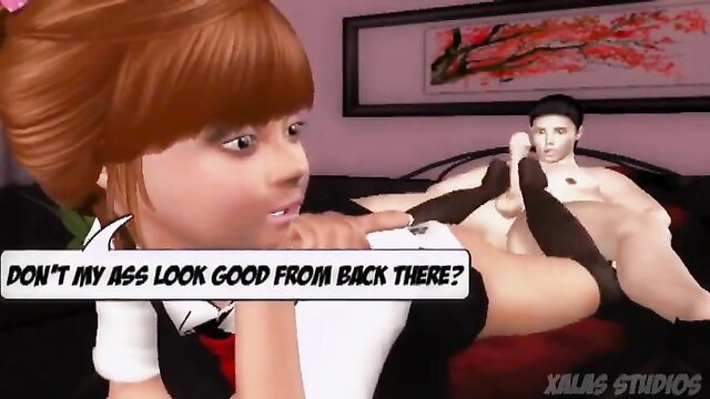 Redhead anime stepdaughter teases ass in stockings from behind
