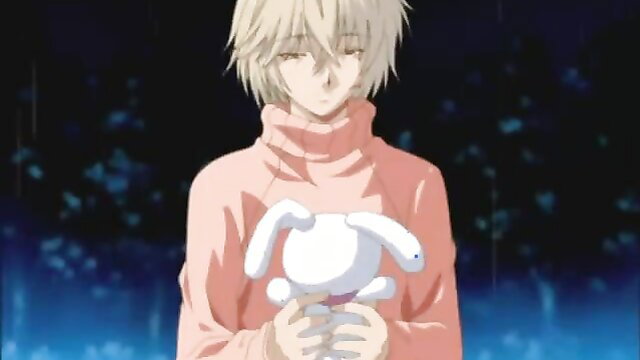 Blonde anime teen in pink sweater hugging white bunny plush, steamy hentai ass pounding