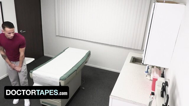 Hot doctor in exam room helps patient with erection therapy