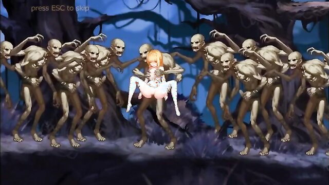 Blonde teen gamer girl gangbanged by skeleton monsters with huge cocks