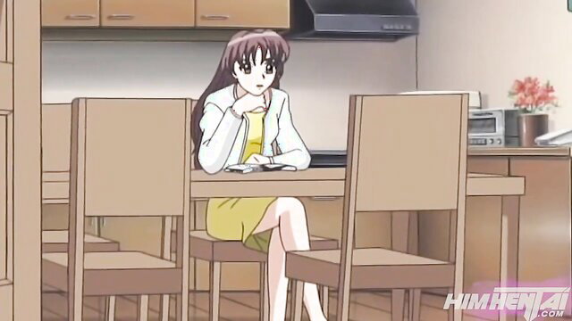 Japanese hentai stepsister in yellow dress at kitchen table big boobs