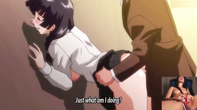 Anime stepdad gropes busty schoolgirl stepdaughter from behind