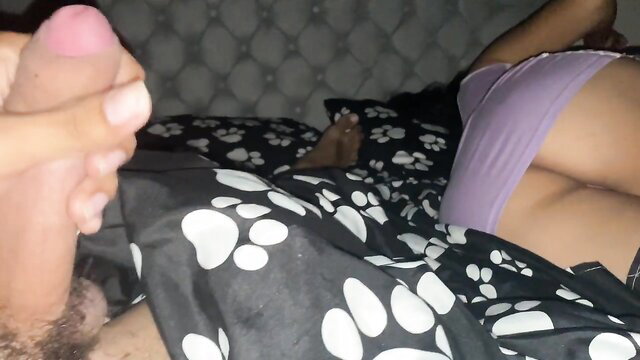 Step cousin shocked catching guy jerking off next to her on bed