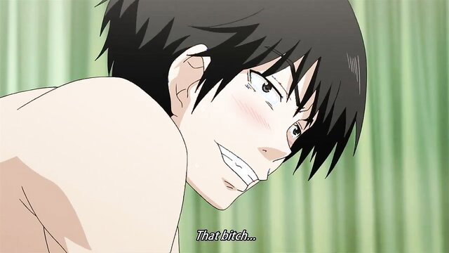 Anime guy with creepy blush and tears muttering 'That bitch' in hentai scene