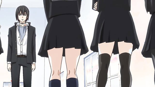Anime schoolgirl upskirt thighs in stockings, suited guy watches euphoria hentai ep1
