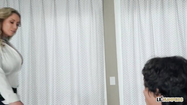 Busty Eva Notty in tight white top teases study buddy