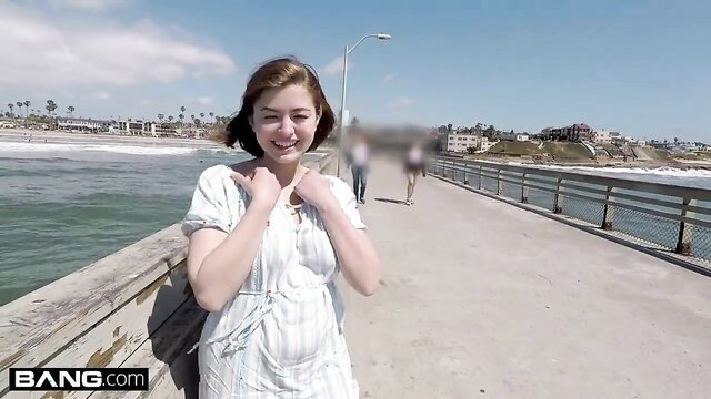 Aria Skye 18yo nerdy teen smiling on beach pier in sundress POV public tease