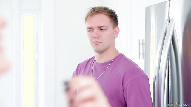 Stepson in purple shirt holds vape in steamy housewife tease