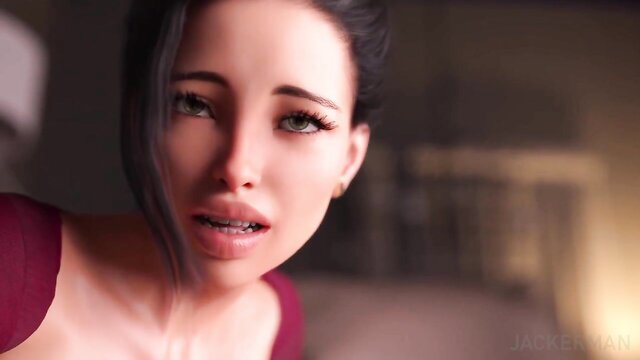 Busty Asian MILF with green eyes in sexy red top, intense expression