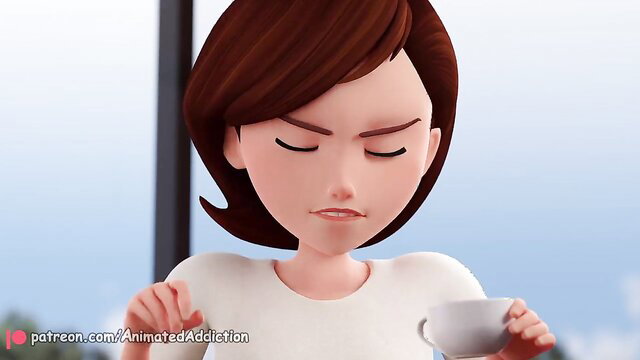 Elastigirl sipping tea with sultry eyes, curvy MILF in tight white top