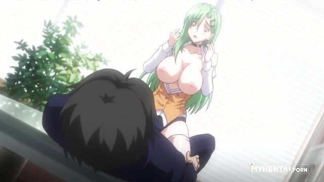 Busty green-haired hentai anime girl with huge tits in sexy orange top