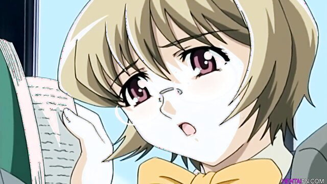 Shy anime busty babe in glasses reading book seductively